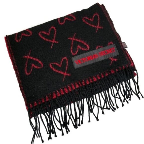 NEW Victoria’s Secret Black Red Heart Fringe Scarf Flirty Cute Causual Chic - Picture 1 of 7